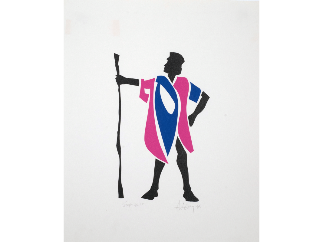 This silk-screen print titled "Joseph" was created in 1986 by Avrum Ashery. The image is a silhouette of Joseph and his multi-colored coat. Joseph stands tall with his left fist against his hip and his right hand holding a shepherd's staff. Joseph's body is outlined in black, but his coat has pink and blue color blocking. Ashery uses Hebrew letters that comprise the name "Joseph" interspersed with the same whiteness that forms the image backdrop. The serigraph is 18 inches tall and 24 inches wide.
