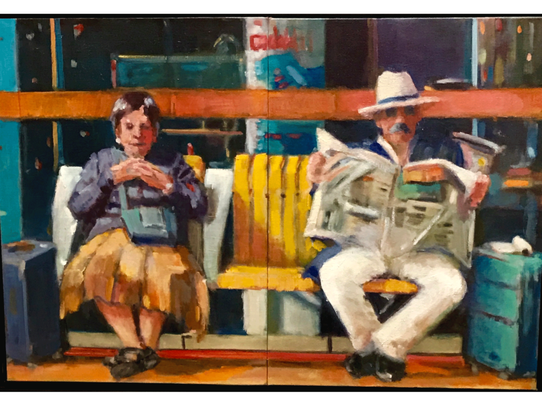 This oil-on-canvas painting titled "Eve and Adam" was created in 2019 by Shelley Lowenstein. The scene is spread across two panels (diptych) and shows a relaxed elderly white couple sitting on a bright yellow bench. On the left panel, the woman sits with her ankles crossed, eyes cast downward, and hands folded on her lap in front of her green-blue purse. On the right panel, a the man sits upright reading a newspaper. He's wearing a white fedora hat and sunglasses. A suitcase is situated next to both the man and the woman. The oil diptych is 17 inches tall and 26 inches wide.