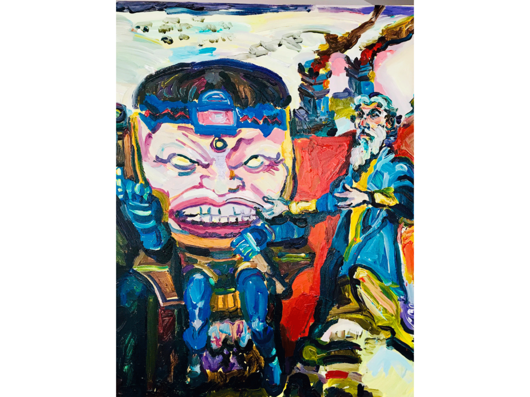 This acrylic painting titled "Moses Meets Modok" was created in 2019 by Joel Silverstein. The image is an expressionistic, stylized, and colorful portrayal of Modok (left), a Marvel Comics villain, meeting Moses (right). Modok has an abnormally huge head and average sized, muscular torso, arms, and legs. He also has three bright yellow pupil-less eyes, and he bears an evil sneer in the image. Modok sits on a flying chair while Moses stands in front of him, wearing a blue and yellow robe and a long gray beard. The painting is 24 inches by 30 inches.
