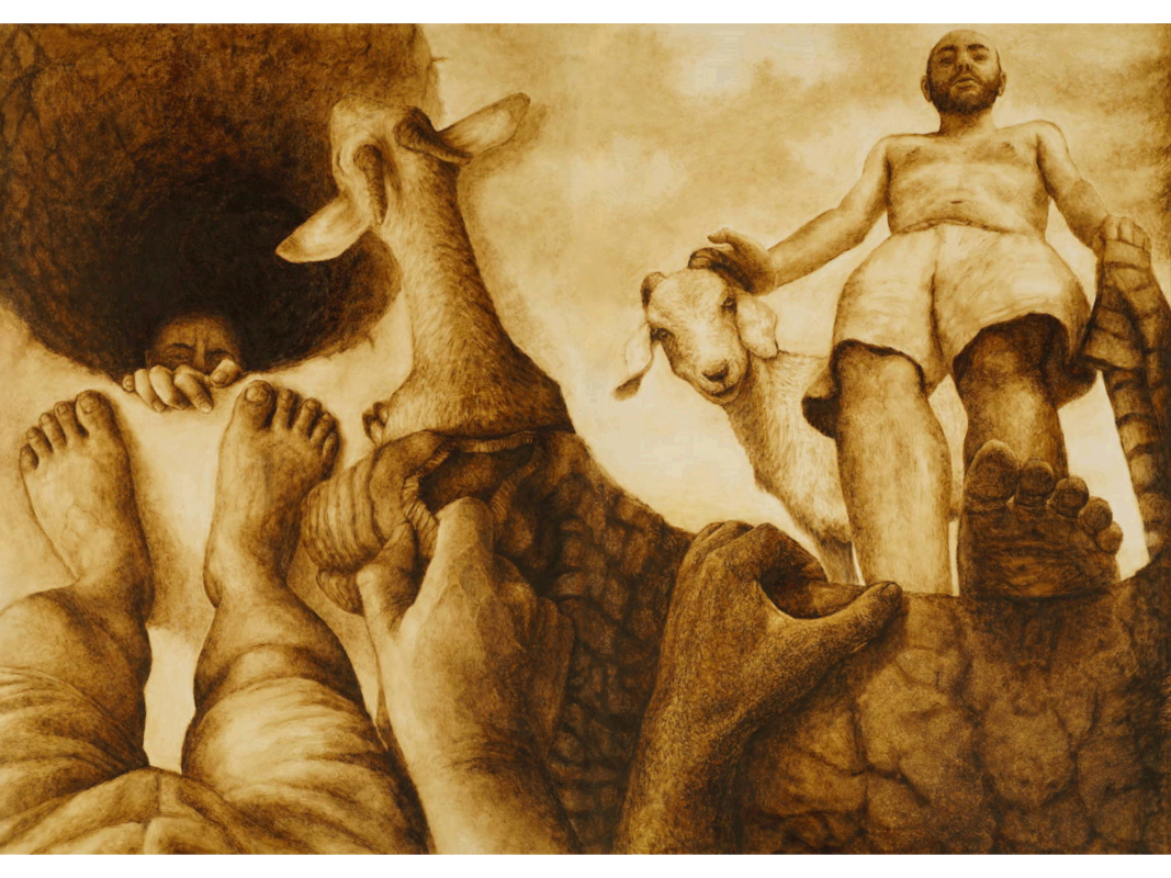 This artwork titled "Brothers" was created in 2014 by Eliyahu Shafer. The image is a detailed digital print of a black and white drawing set against a yellowish background. The image shows two different perspectives: one from above and one from below. On the right hand side of the image, a shirtless man is looking down at a someone climbing out of a pit while petting a goat with one hand and holding a striped garment in the other. On the left hand side of the image, the viewer, from above, can see a man climbing out of the pit. The shirtless man's feet are seen in the foreground in front of the pit. This digital photographic print is 24 inches tall and 17 inches wide.
