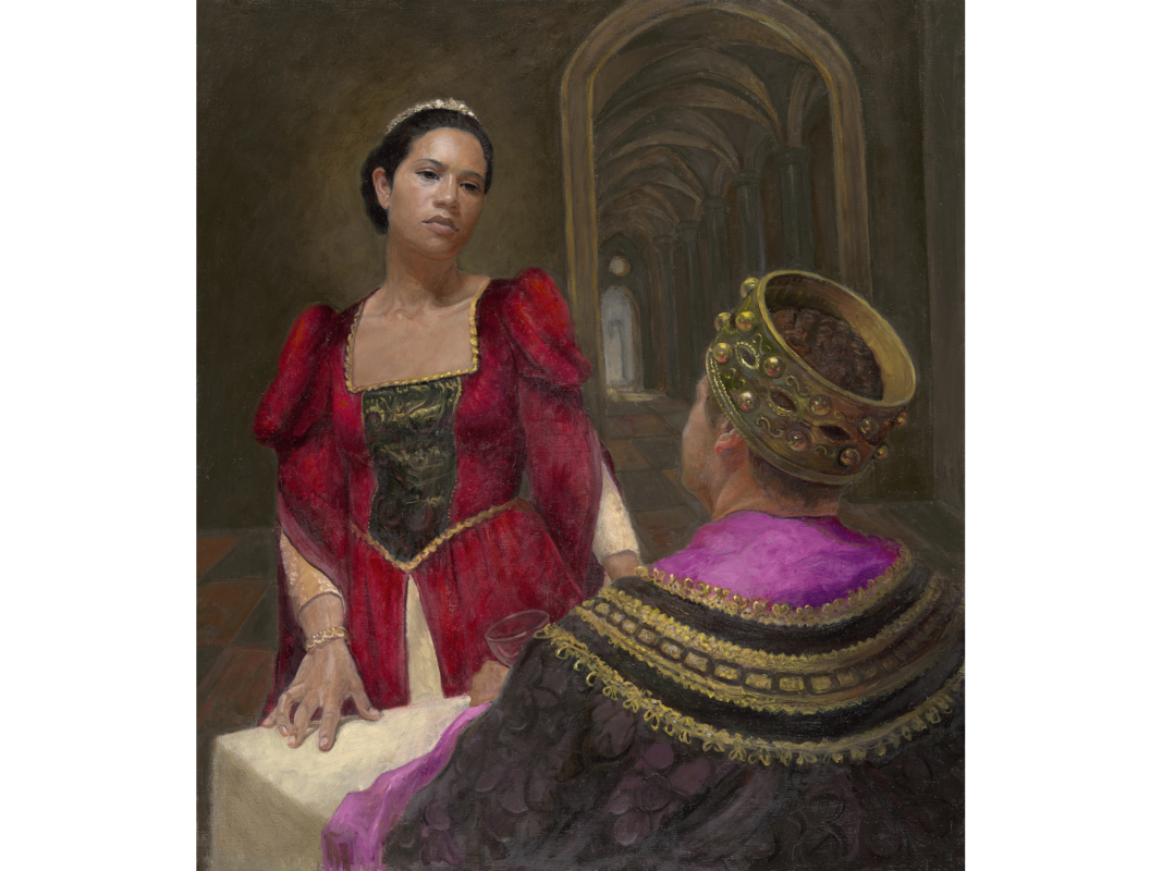 The artwork titled "Queen Esther Before the King" was created in 2018 by Karen Warshal. The image presents Queen Esther, hands on the table placed between her and King Ahasuerus, looking intensely and meaningfully at the monarch. Esther has light brown skin, dark brown eyes, and dark hair styled in a low bun. She wears a small crown and long red dress. The viewer sees King Ahasuerus from behind, his face out of view. He is sitting at table holding a wine glass and looking up at Esther. He wears a large crown and gold, black, and purple robes. A long dark hallway is behind Esther on the left hand side of the painting. The piece is oil on linen, 24 inches by 25 inches.