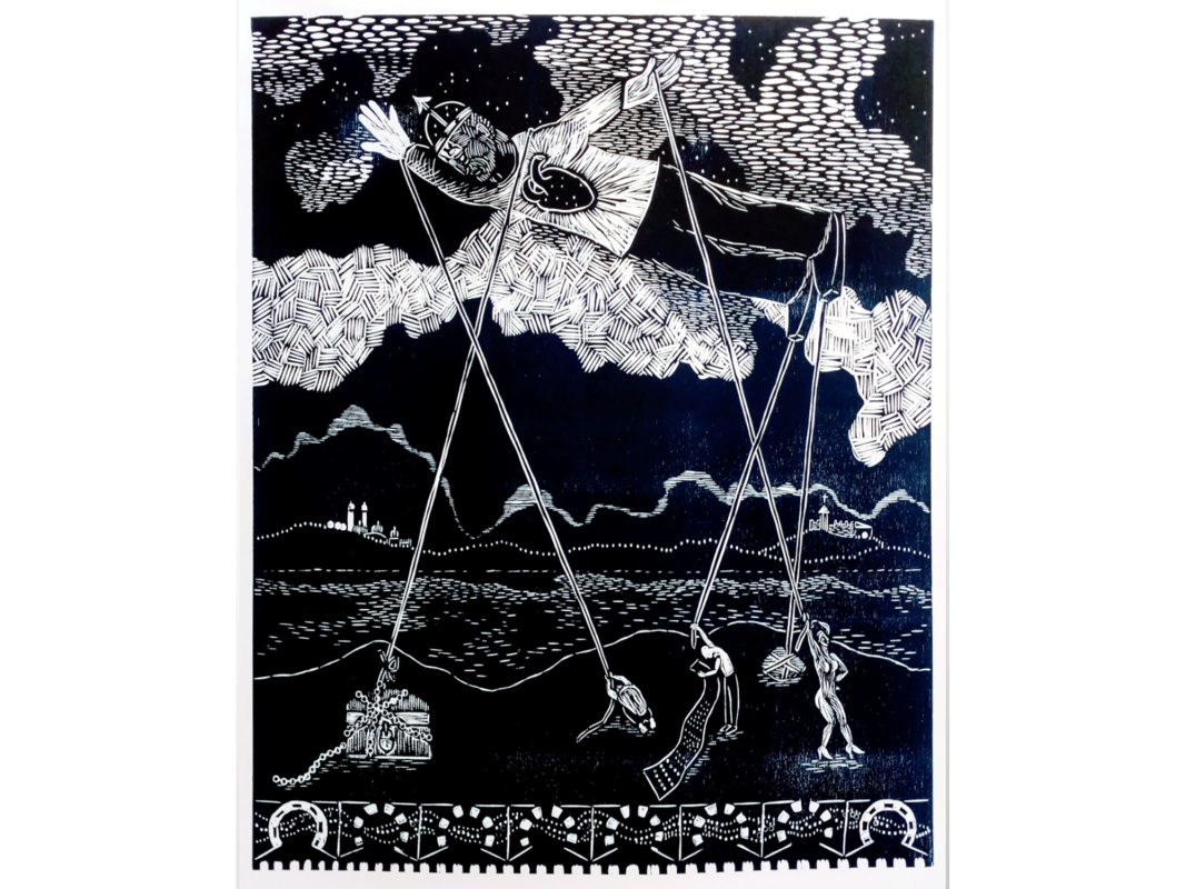 The artwork titled "The Golem Dreams of Flying" was created in 2017 by Judith Joseph. The black and white image shows a gigantic figure--the Golem--stretched out in the star-studded sky, his heart boldly imprinted on his shirt, yet tethered to the earth below by long ropes wrapped around his ankles and wrists, their taut opposite ends held by diverse tiny figures below. Small intricate lines create texture and shadows in the white clouds, the waves in the water below below the flying Golem, and the Golem's face. The artwork is a woodblock print, 20 inches tall and 16 inches wide.