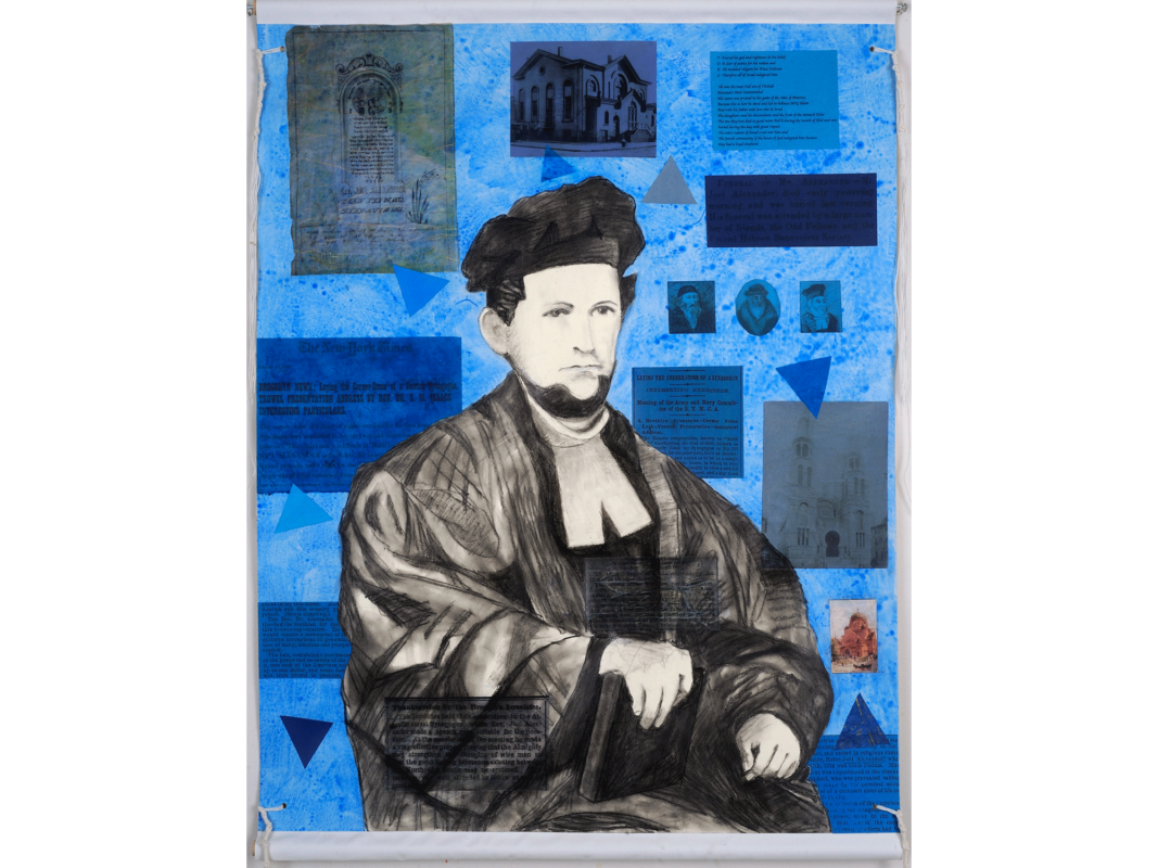 The artwork titled "Rabbi Alexander" was created in 2018 by Deborah Addison Coburn. The image is a charcoal drawing of a young Rabbi with pale skin and dark hair, wearing a religious black robe and hat. The young man holds a book stares off to the distance. The backdrop is a vivid bright blue interlaid with newspaper clippings, old photographs, and geometric shapes. The artwork is a charcoal drawing on paper mounted on canvas with collage and kosher string, 26 inches by 33 inches.