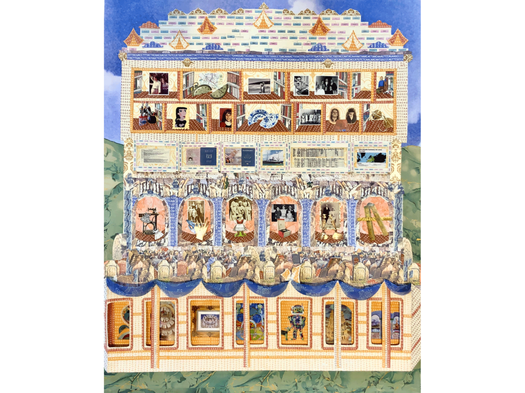 The artwork titled "Chana’s Beys haChaim Muzey" was created in 2020 by Anna Fine Foer. The image is an intricate, brightly colored collage that takes the form of a large, multi-storied building against the backdrop of green mountains and bright blue skies, with a porch extending out over the sidewalk, held up by slender pillars. The piece creates the illusion of a doll house. The artwork measures 28 inches tall and 22 inches wide.