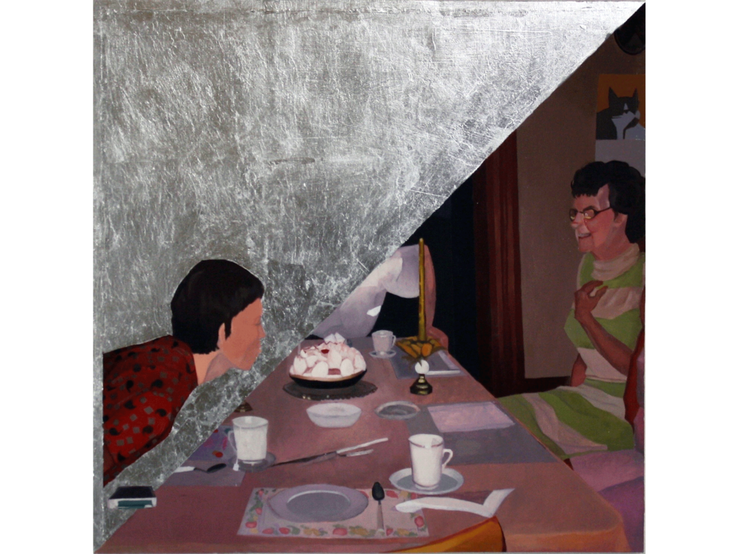 The artwork titled "Redacted Narrative #2" was created in 2015 by Rachel Ahava Rosenfeld. The image is a semi-abstract scene of a family having a meal together. A large silvery slab of aluminum leaf bisects the image at an angle, preventing the entire scene from being seen. A child with dark hair and a red shirt is placed against the stark silver background. The middle aged mother wearing glasses and a striped green dress is sitting at a table set with white dishes, cups, and a centerpiece of eggs. A third background figure is only partly visible, with their arm and hand leaning heavily down on the far visible corner of the table. The artwork is oil, marble dust, aluminum leaf, and glue on panel, 20 inches tall and 20 inches wide.
