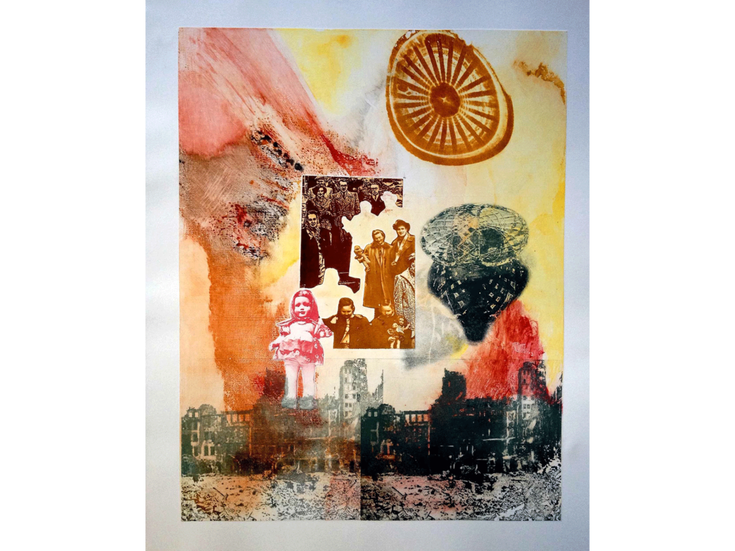 The artwork titled "Touched by the Wind" was created in 2013 by Edna Kurtz Emmet. An old sepia photograph of the artist and her family is centered on the page. Below the photograph is a rendering of the cityscape of Warsaw, Poland. Bright yellows, reds, and oranges sweep across the backdrop of the artwork, 28 inches by 22 inches.