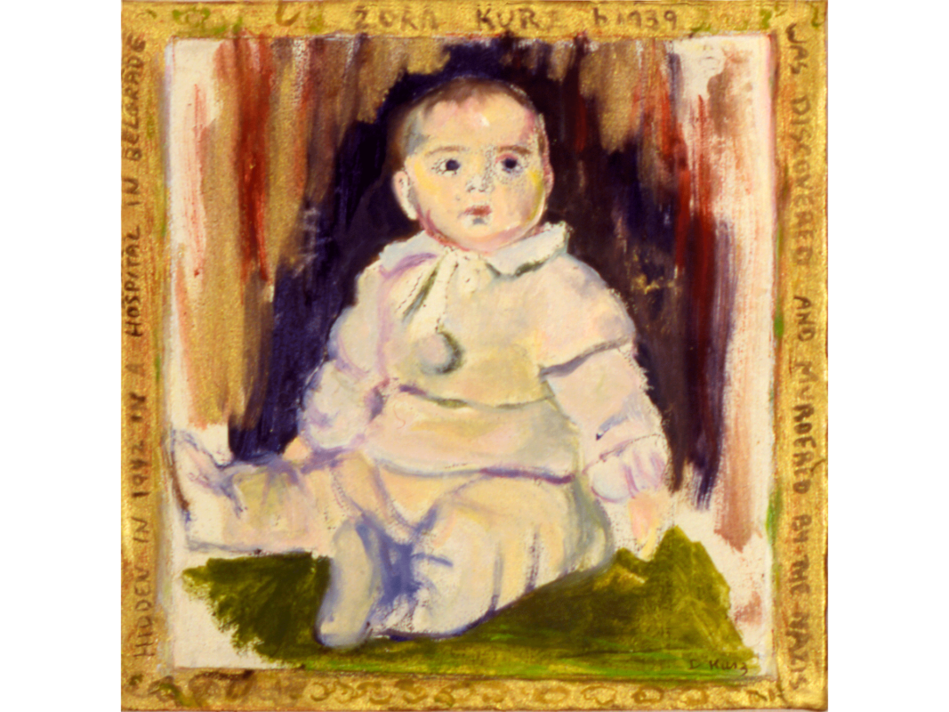 The artwork titled "Zora Kurz" was created in 1995 by Diana Kurz. A white baby with brown hair wearing a white jumper sits on a green floor against a a vivid purple, orange, and yellow background. The baby is looking up and to the right of the viewer. The brightly colored oil painting was made on paper mounted on linen. The artwork measures 10 by 10 inches.