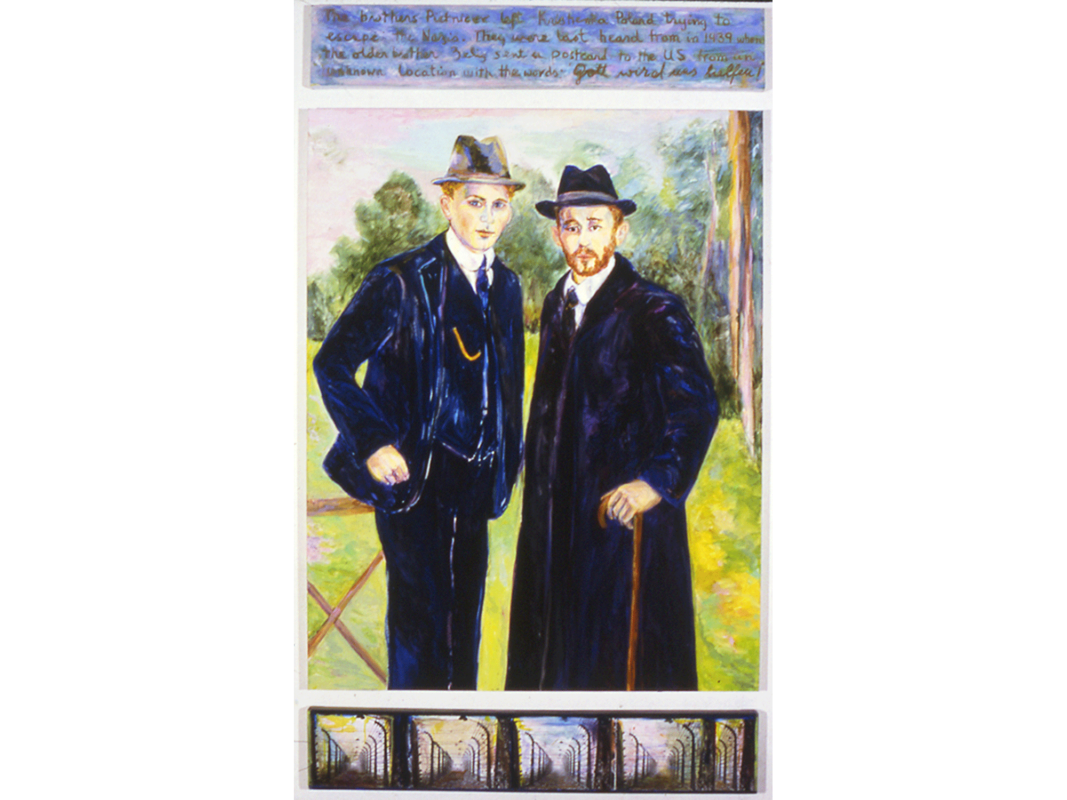 The artwork titled "Brothers" was created in 1999 by Diana Kurz. Two elegantly dressed young Jewish men in suits stand in a green park looking directly at the viewer. A handwritten cursive caption is written against a blue background above the two figures . Along the bottom of the painting is a series of five predella scenes of electrified fences in a concentration camp. The impressionistic painting is 86 inches tall and 50 inches wide.