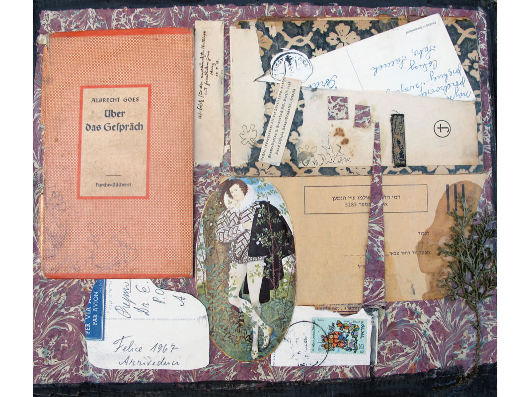 The artwork titled "About the Conversation" was created in 2017 by Heddy Abramowitz. The image is a collage set against a swirling backdrop of hand-marbled endpaper. Elements include old faded postcards with Hebrew letters and text, a small sprig of greenery, and an oval-shaped cut-out that presents a Renaissance-era dandy in white tights, a puffy shirt, and a ruff. The artwork is a mixed media collage, 30 centimeters by 36 centimeters.