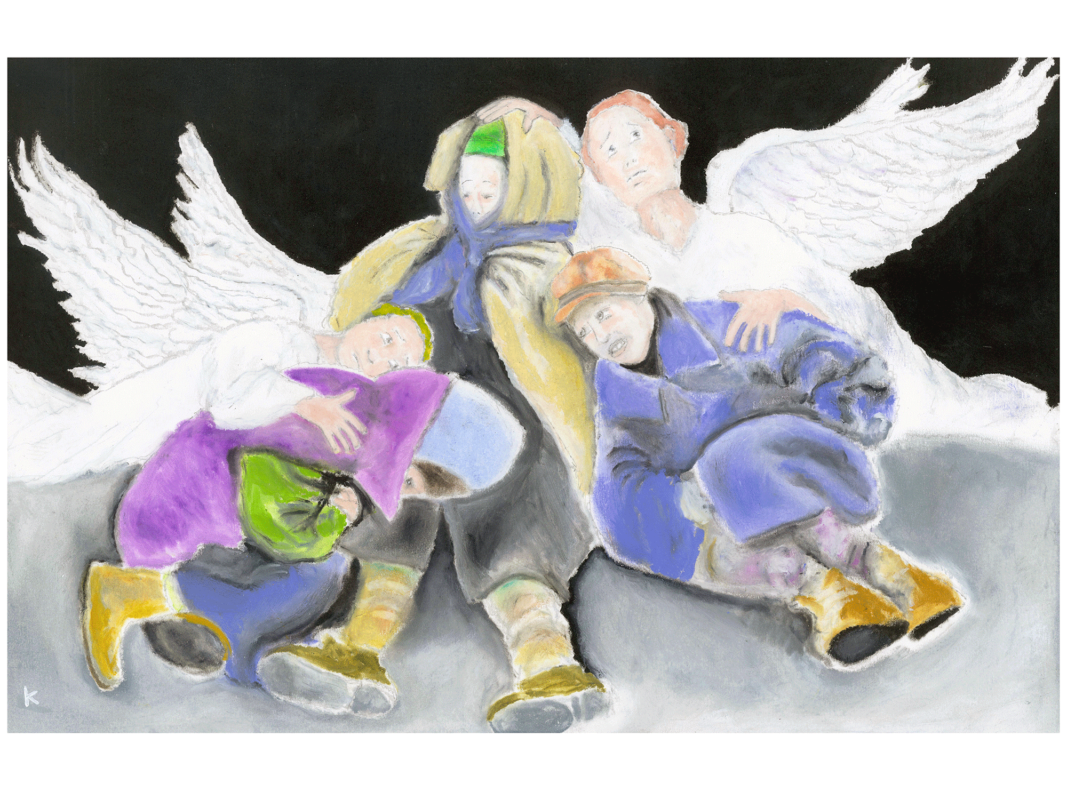 The artwork titled "Orphans and Angels" was created in 2020 by Aaron Koster. The artwork is a pastel drawing, 11 inches by 17 inches. The image shows three children wearing heavy coats, hats, and scarves, huddling together for warmth. A pair of angels all in white and with wings outstretched sits next to the pile of children, one angel on each side with their hands placed protectively around them.