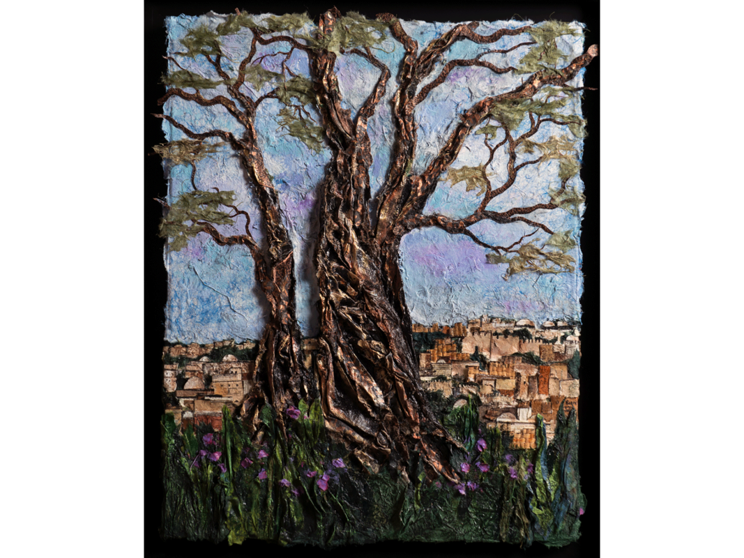 The artwork titled "Respect Your Elders" was created in 2016 by Ronni Jolles. The artwork is a layered paper and acrylic piece, 18 inches wide by 22 inches long framed. The image is an old olive tree sitting on a hilltop in front of Jerusalem. The low relief sculpture of the tree trunk is extremely textured, thanks to the folded paper technique Jolles employed.