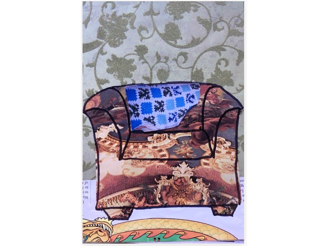 The artwork titled "Time with Boobie" was created in 2018 by Adrienne Torrey. The artwork is a mixed media piece, 8.5 inches by 5.5 inches. The image depicts the grandmother's heavily patterned easy chair with a stark black ink outline. A blue crocheted shawl is draped over the side of the chair. The artwork features many diverse textile patterns, including an illustration of a Chinese dragon as if it were a rounded floor rug.