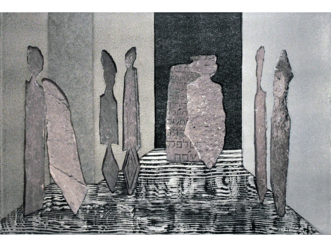 The artwork titled "Essaouira III" was created in 2019 by Miriam Stern. The artwork is an unframed monoprint on paper, 15 inches by 22 inches. The image is a abstract, monotone scene of marine sandstone markers on the Moroccan coast with clearly suggestive human forms and Hebrew inscriptions. The digital images and monoprints of the markers are turned sideways and on diagonal angles. The markers rest on a textured black and white floor which suggests both rippling water or sand and highly grained wood. In the background there are receding diagonal walls as well as a dark back wall.