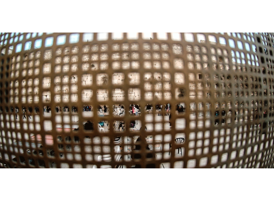 The digital photograph titled "Western Wall, Jerusalem" was created in 2004 by Stephen Sholl. The image is a fish-eye-lens perspective through a tightly-meshed biege fence looking towards a large ancient limestone wall. Plastic chairs line the middle of the plaza on the other side of the fence. A large crowd of people are visible through the holes in the fence standing next to the wall.