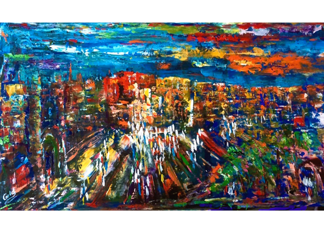 The painting titled "Night at the Kotel" was created in 2020 by Nona Zilberberg. The image is a multi-colored, abstract expressionist depiction of Jerusalem (the old city). The cityscape is rendered with surges of yellows, oranges, and reds as well as small quick brushstrokes of white paint. The blue sky and orange and red clouds use broader brushstrokes. The artwork is an acrylic painting on canvas palette knife with gallery wrap canvas, 23 inches by 38 inches.