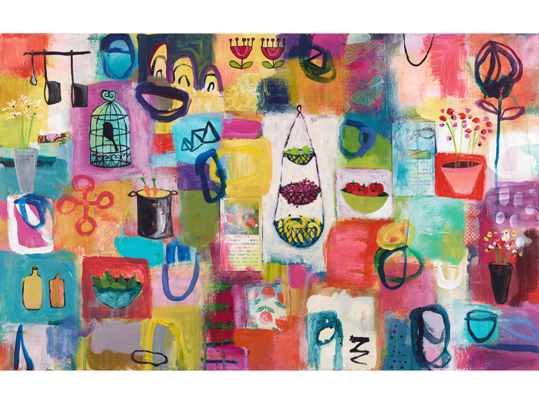 The artwork titled "Tu B’shvat" was created in 2017 by Susie Lubell. This vivid, multi-colored abstract painting features small, stylized images of hanging fruit baskets, bird cages, flower pots, and other abstract shapes scattered throughout. The artwork incorporates acrylic paint and collage, and measures 80 centimeters by 50 centimeters.