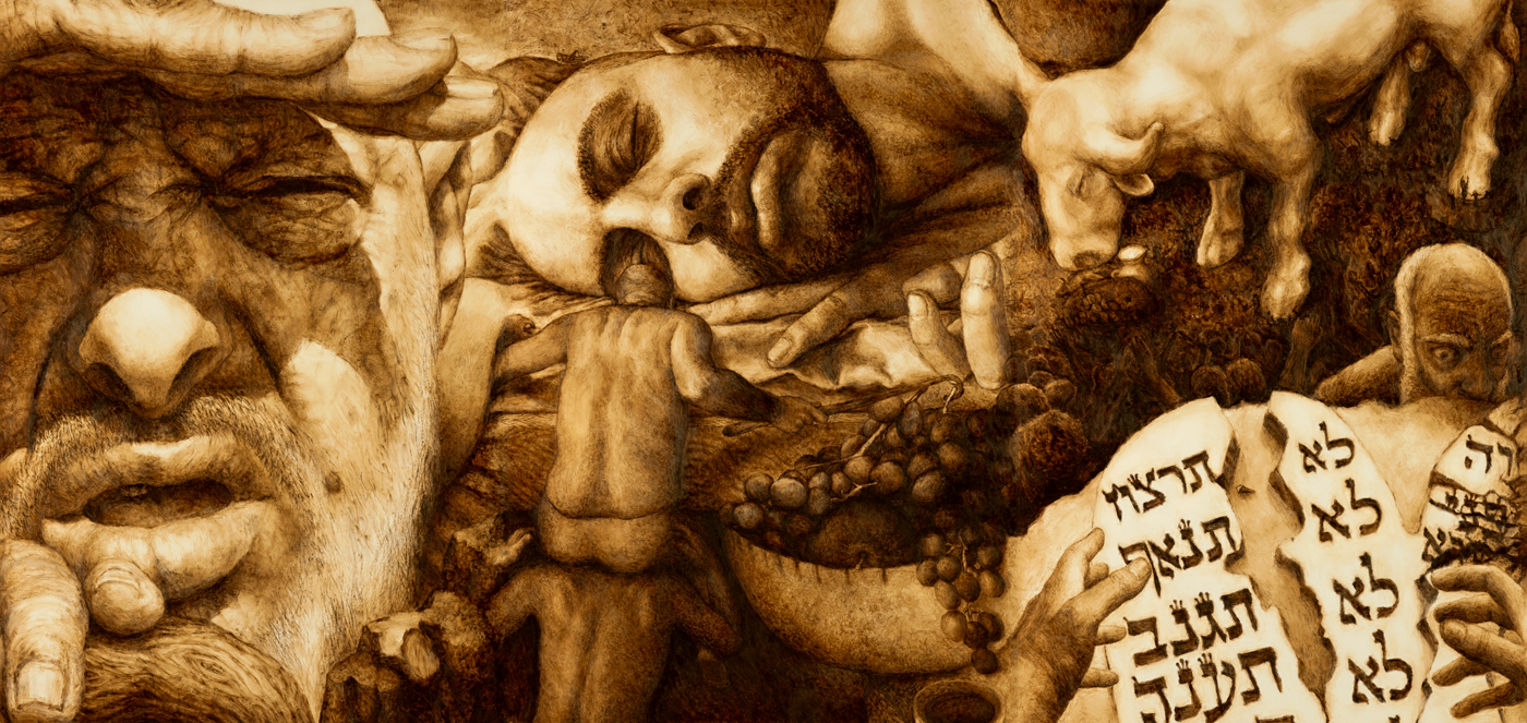 The artwork titled "Desert Sins" was created in 2019 by Eliyahu Shafer. The image is a detailed digital print of a black and white drawing set against a yellowish background. The large central figure is the face of man either asleep or dead. Another even larger face situated on the right hand side of the image is squinting out toward and beyond the viewer. Two tiny figures, one seated on the shoulders of the other, have their backs to to the viewers, and seem to stare at the sleeping or dead face of the large central figure. Another small figure stares out towards the viewer, peering over the edge of a surface upon which the Ten Commandments hover. This digital photographic print is 24 inches tall and 17 inches wide.